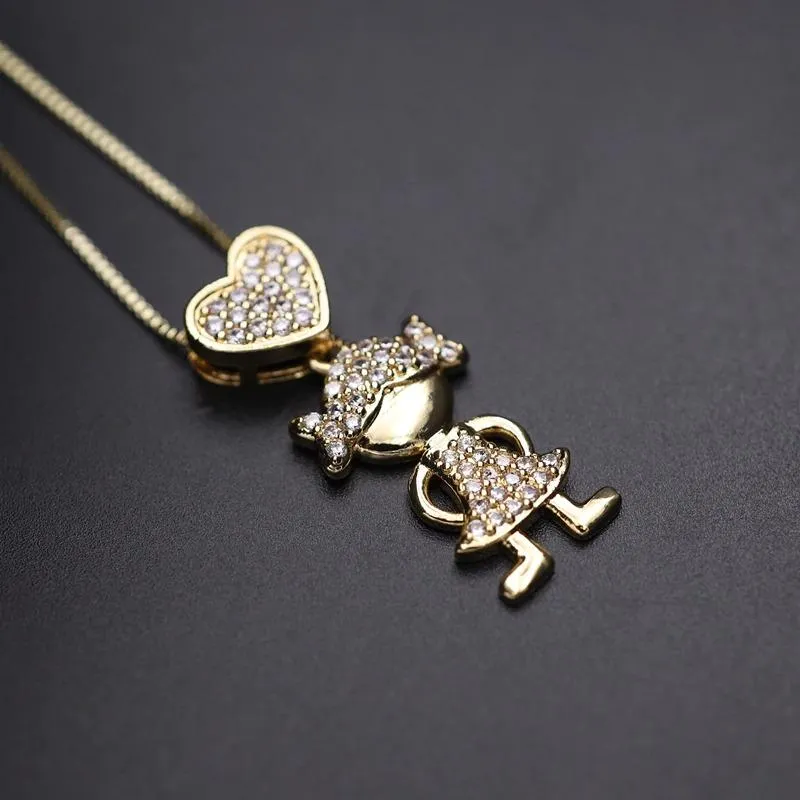 Zircon Heart with Boy and Girl Pendant Necklace