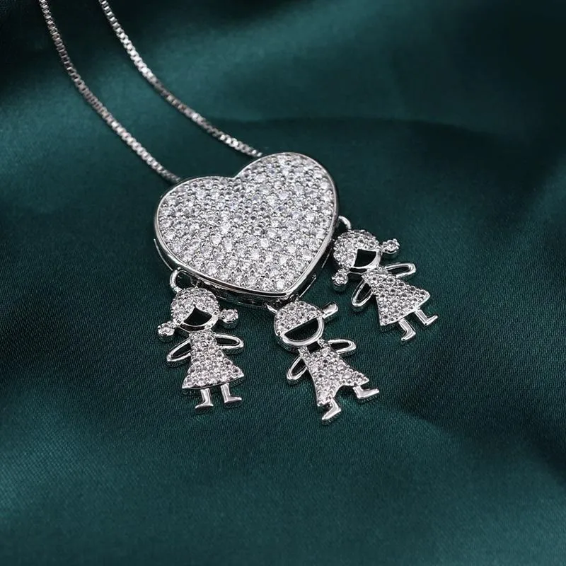 Zircon Heart with Boy and Girl Pendant Necklace