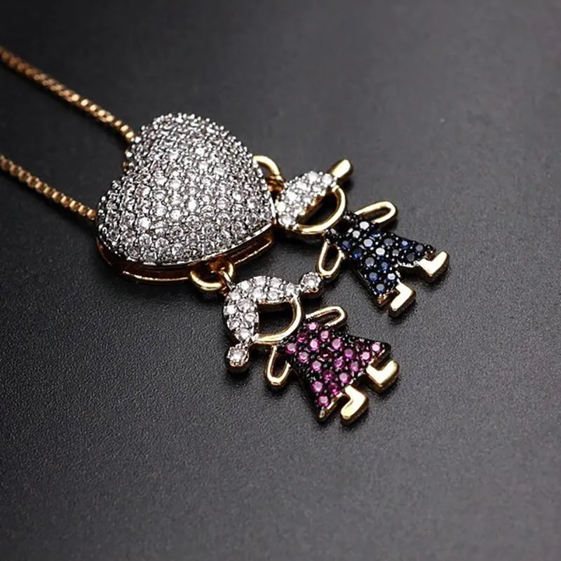 Zircon Heart with Boy and Girl Pendant Necklace