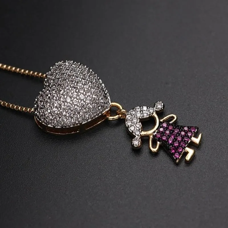 Zircon Heart with Boy and Girl Pendant Necklace