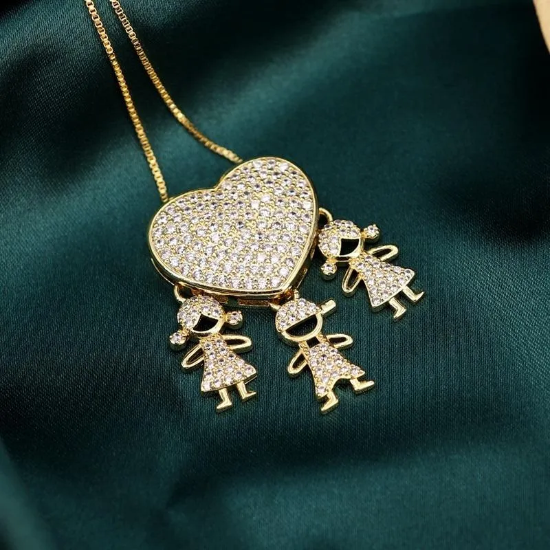 Zircon Heart with Boy and Girl Pendant Necklace