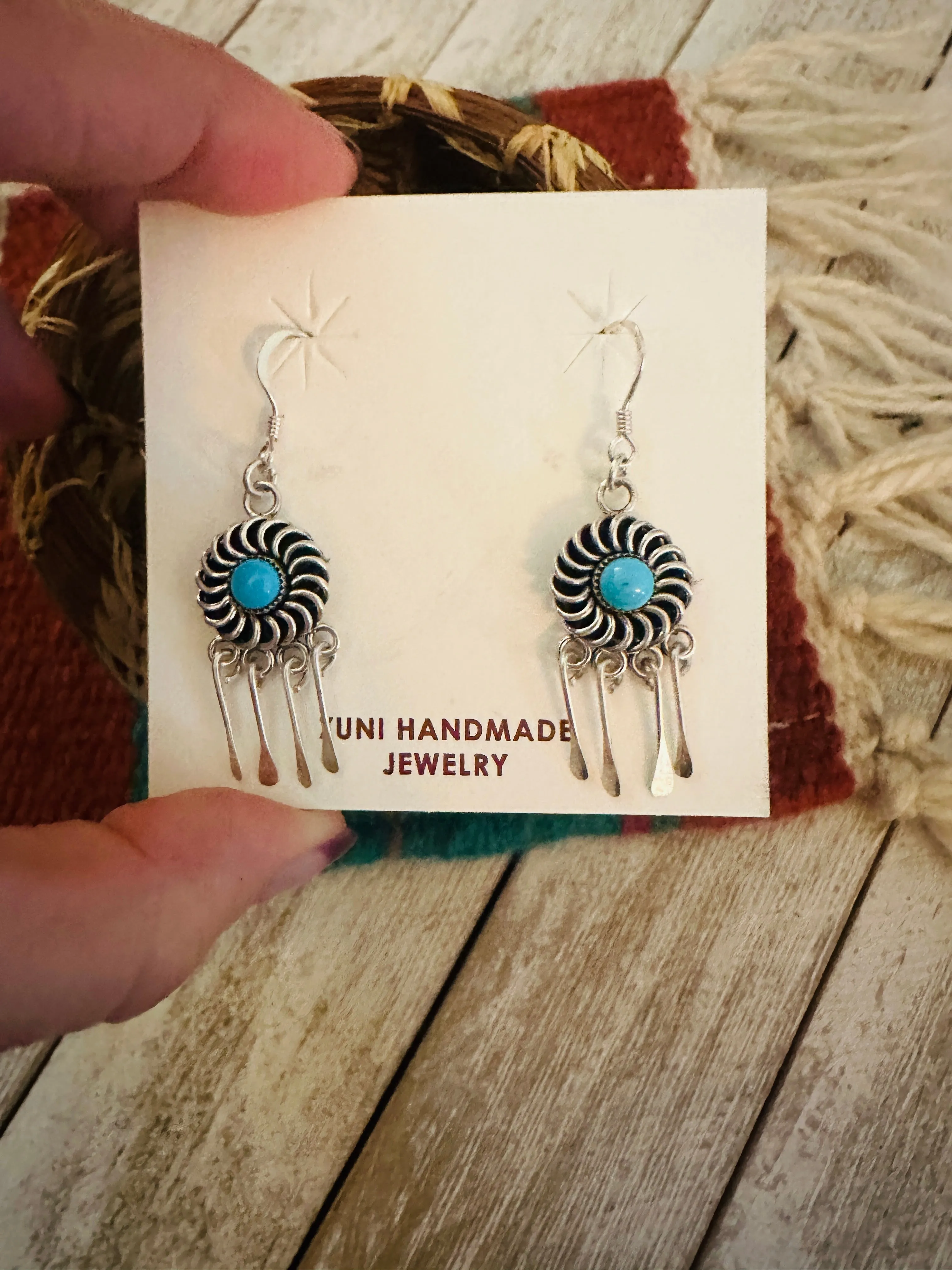 Zuni Turquoise & Sterling Silver Dangle Earrings Signed